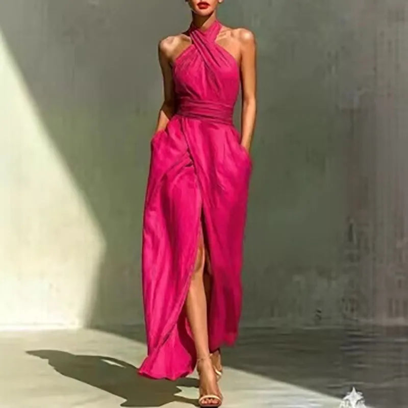 Asterin halter maxi dress, rose red halter with gathered bodice and high slit maxi skirt