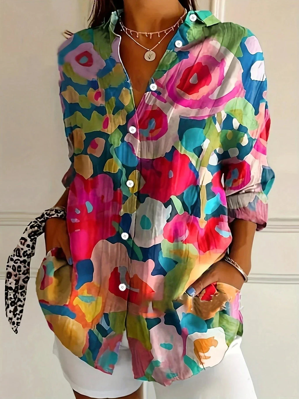 Women’s floral button-up shirt, loose fit, long sleeves, bright multicolor flower print
