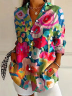 Women’s floral button-up shirt, loose fit, long sleeves, bright multicolor flower print