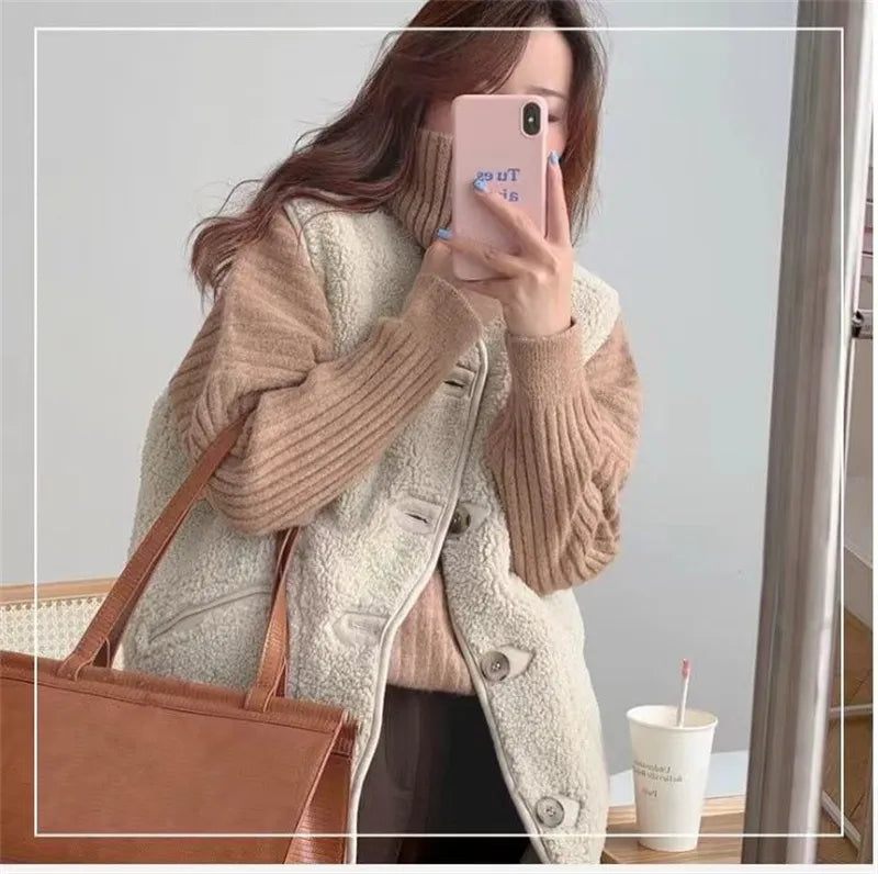 Cream sherpa wool gilet, sleeveless, button-front closure and patch pockets