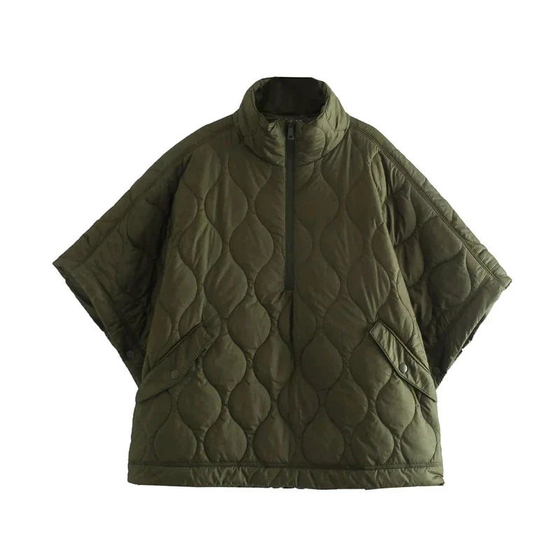 Olive green quilted bodywarmer with stand collar and short sleeves
