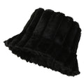 Black plush bucket hat with quilted vertical panels and wide frilled brim