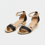 Women’s heeled sandals, black fabric straps with gold-toned heel and ankle buckle