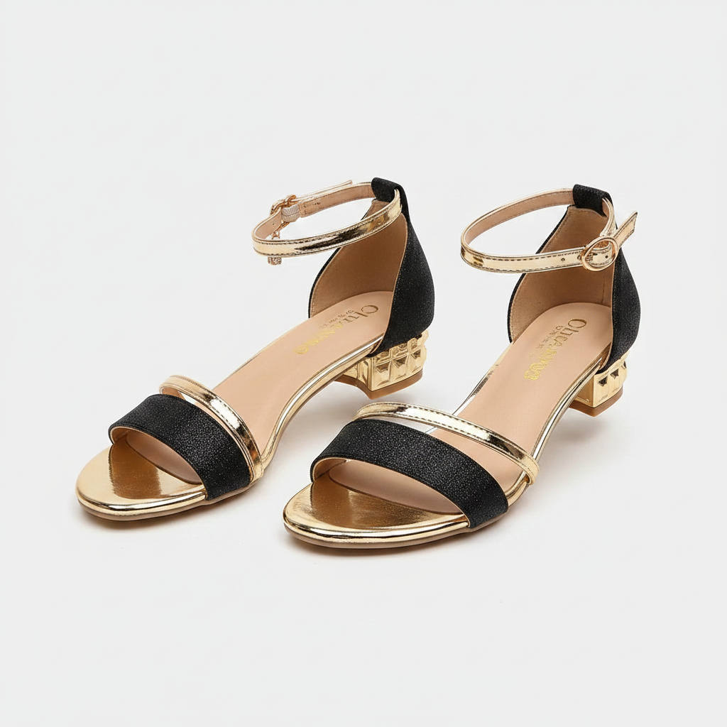 Women’s heeled sandals, black fabric straps with gold-toned heel and ankle buckle