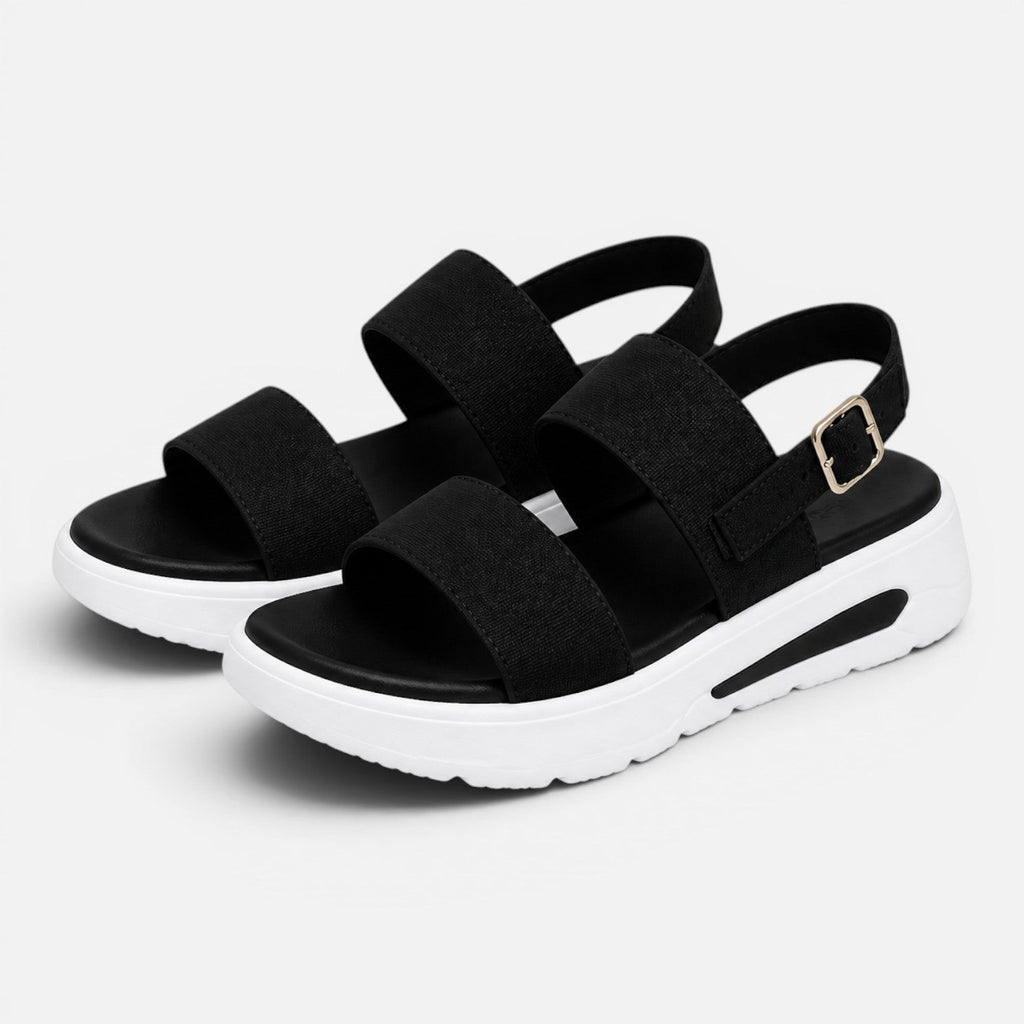 Pair of black platform sandals with wide straps, adjustable buckle, and thick sole