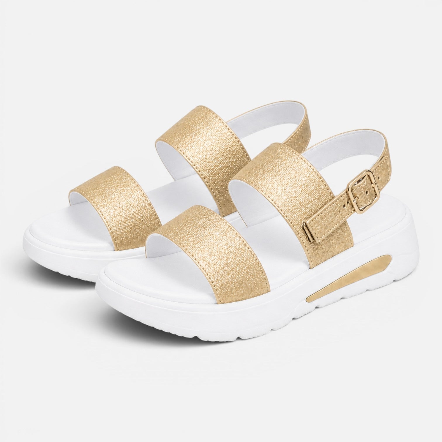 Pair of gold glitter platform sandals with wide straps and adjustable buckle