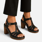 Black block heel sandals with adjustable ankle strap and toe straps
