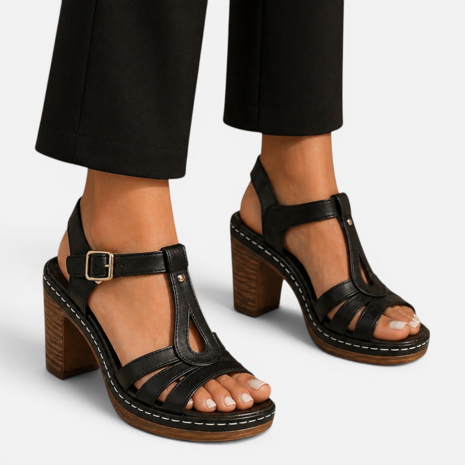Black block heel sandals with adjustable ankle strap and toe straps