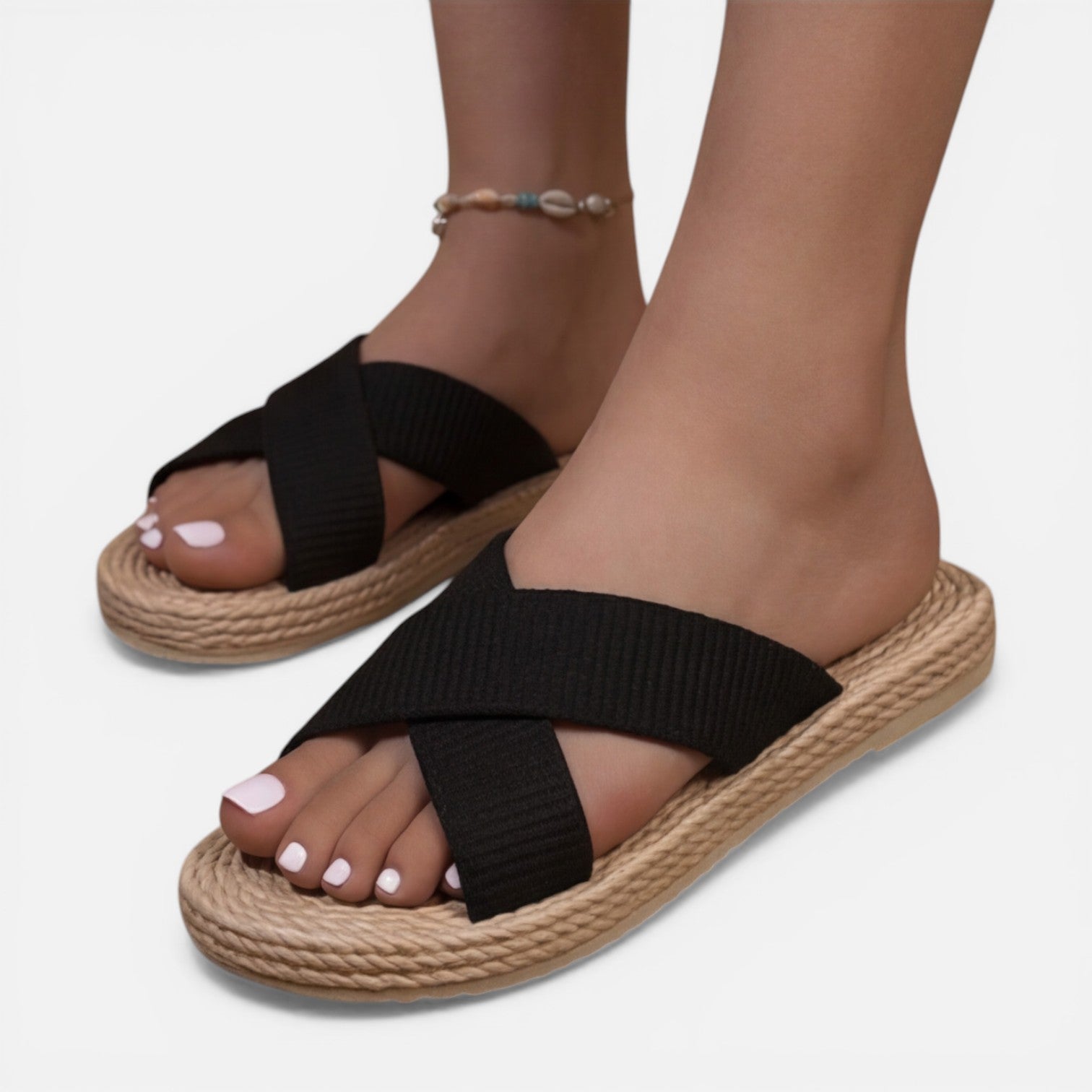 Women’s black cross-strap espadrille slide sandals with wide elastic band sole