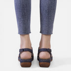Women’s navy wedge sandals, back view with adjustable buckle straps