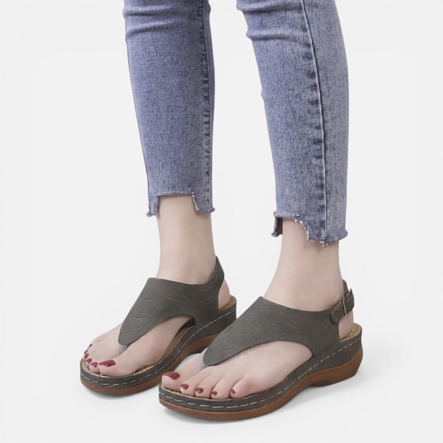 Women’s olive wedge sandals with thong strap and adjustable ankle buckle