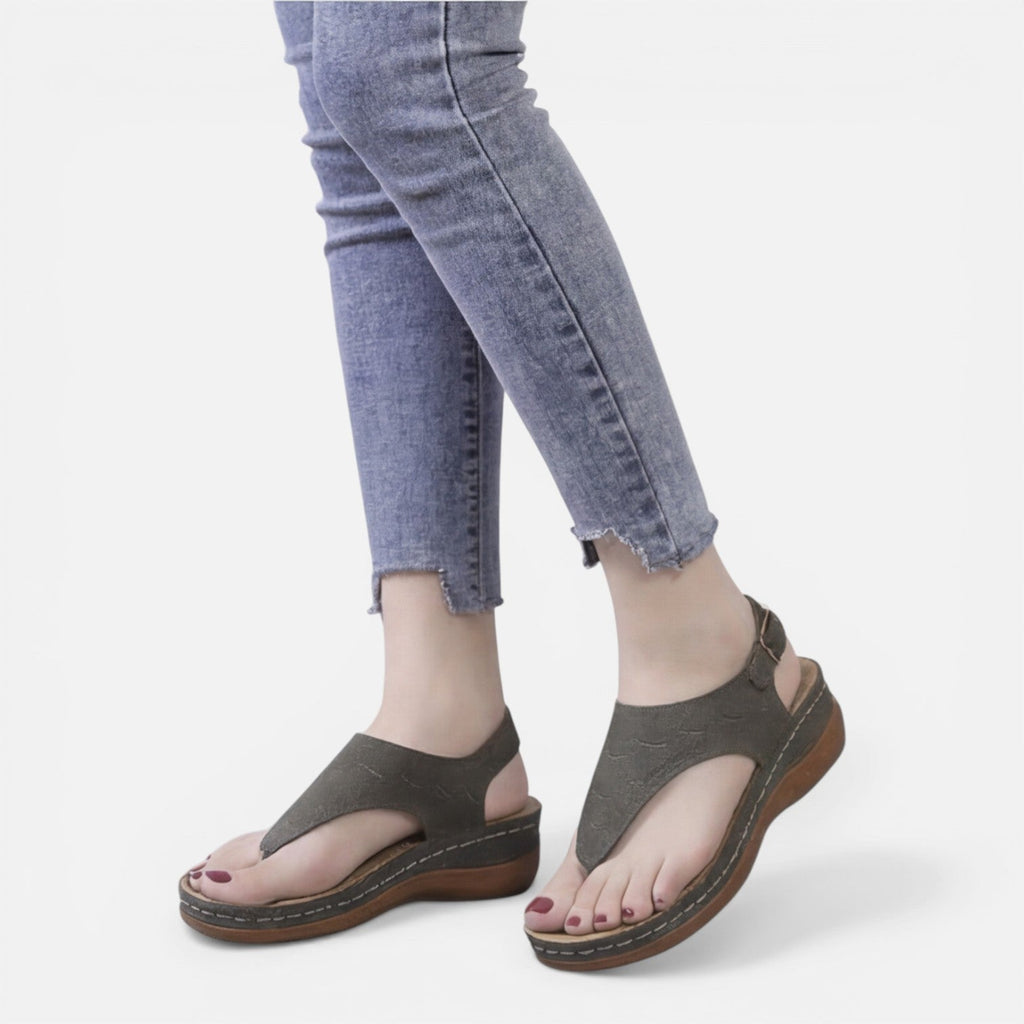 Women’s dark green wedge sandals with open toe and two straps