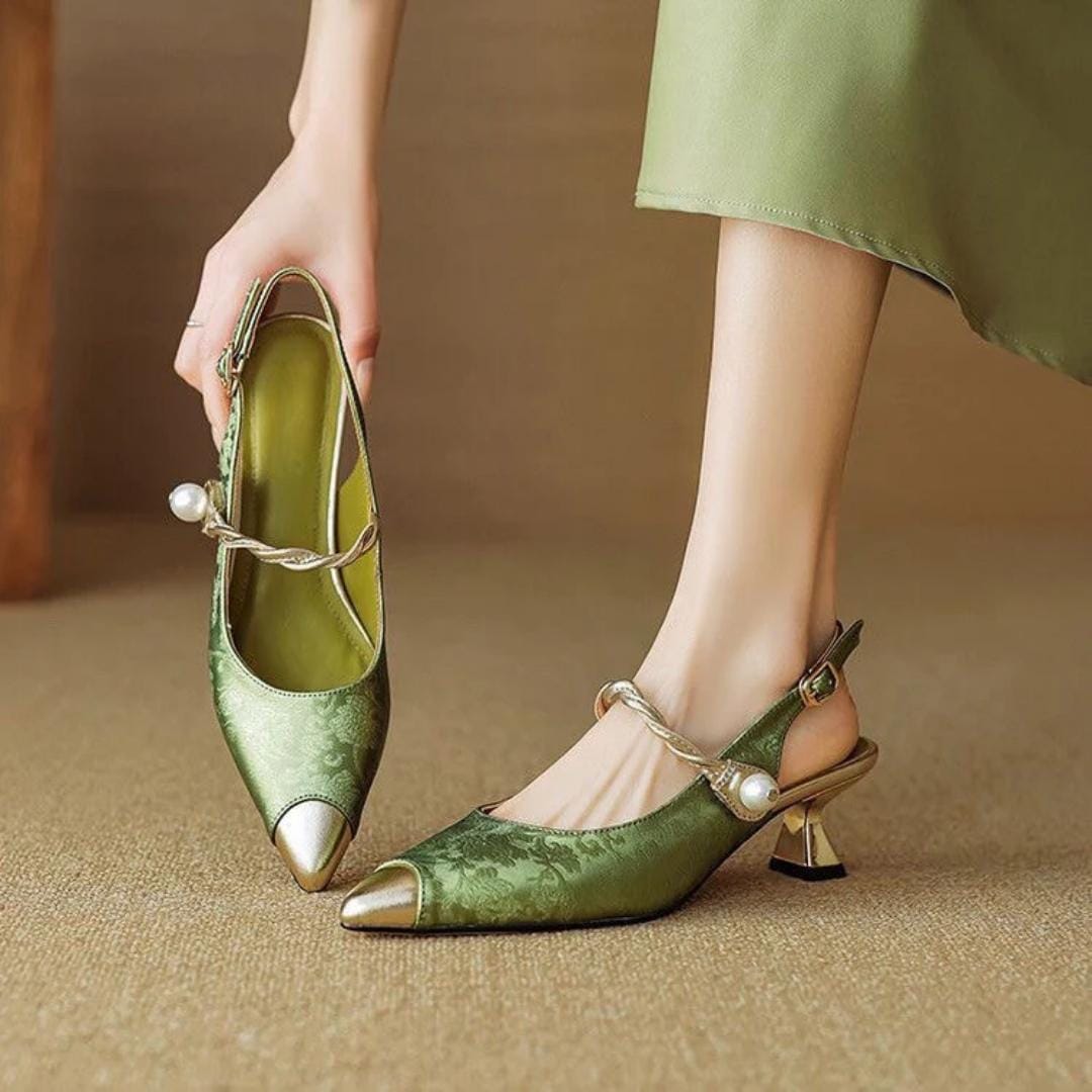 Green pointed kitten heels with pearl strap and gold buckle, low block heel