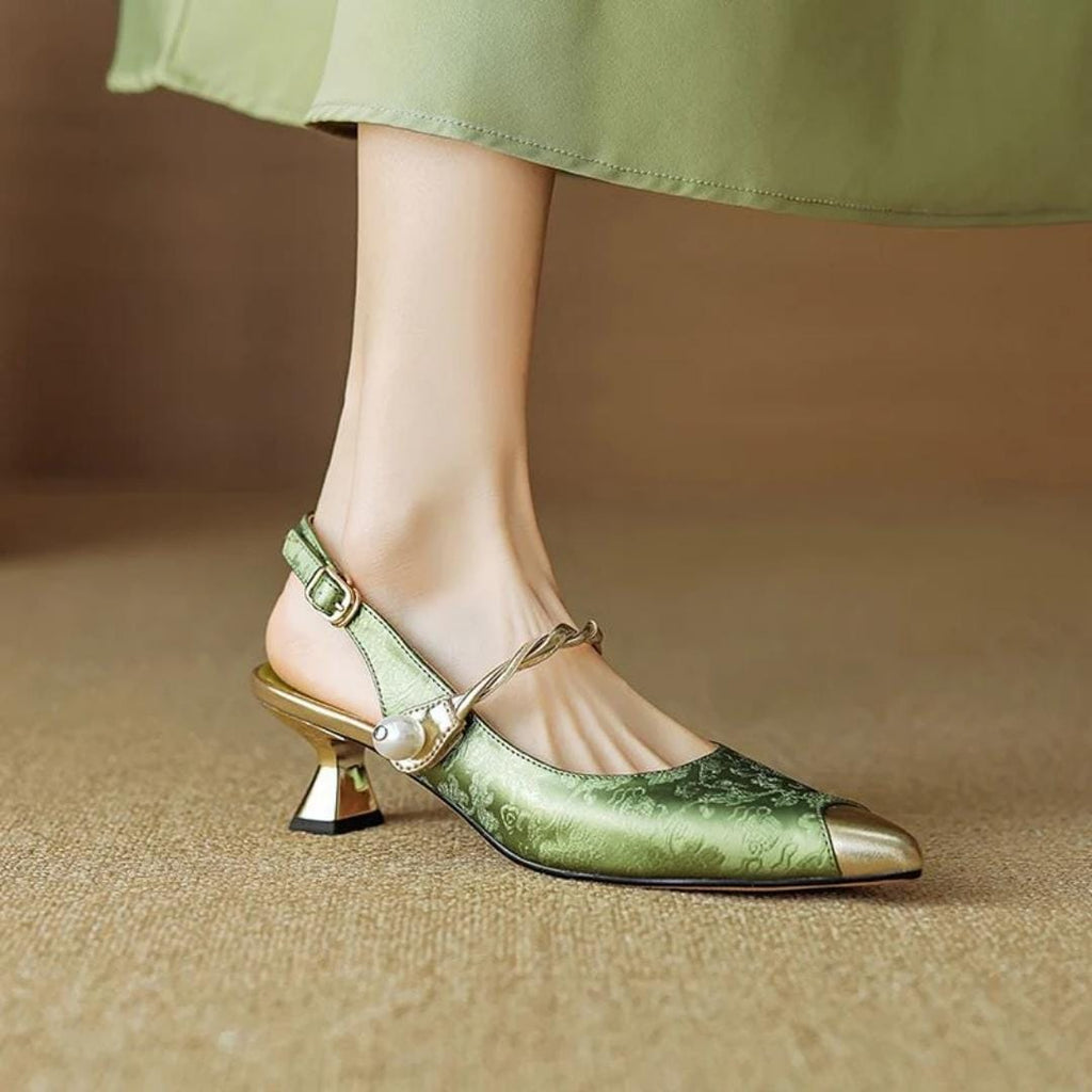 Green pointed kitten heels with pearl ankle strap and gold buckle, mid-low block heel