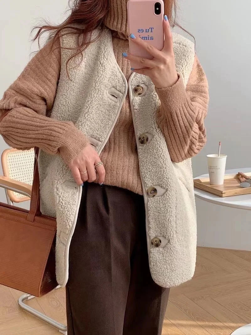 Beige/cream wool-blend sherpa gilet, sleeveless, button-front placket, side pockets