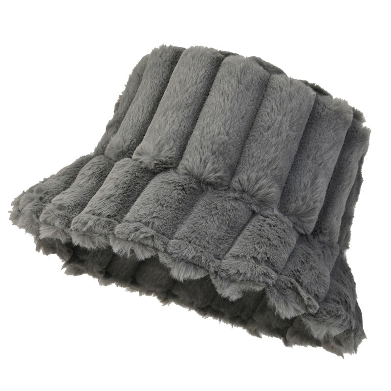 Gray plush bucket hat with quilted vertical panels and wide frilled brim