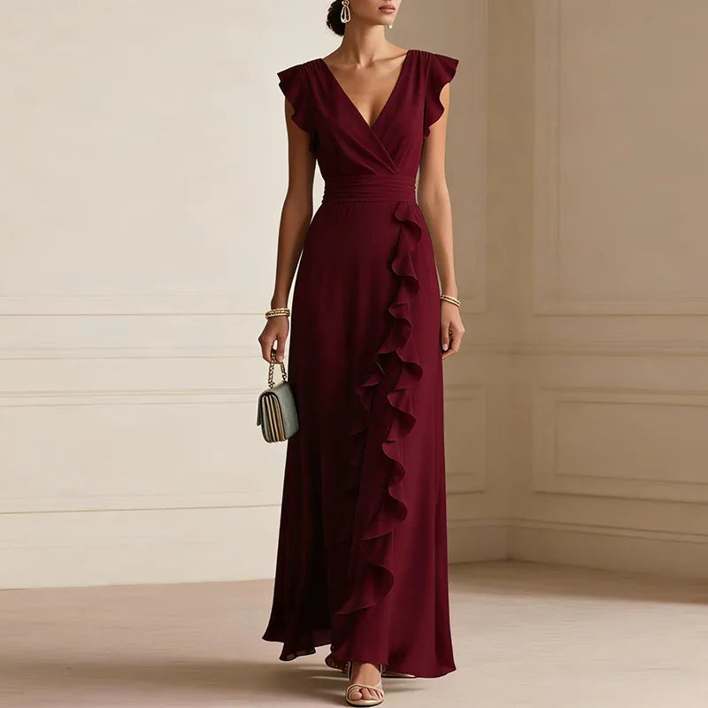 Ruffle-trim maxi dress, wine red V-neck wrap, flutter cap sleeves, cascading layered ruffles
