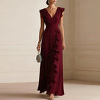 Ruffle-trim maxi dress, wine red V-neck wrap, flutter cap sleeves, cascading layered ruffles
