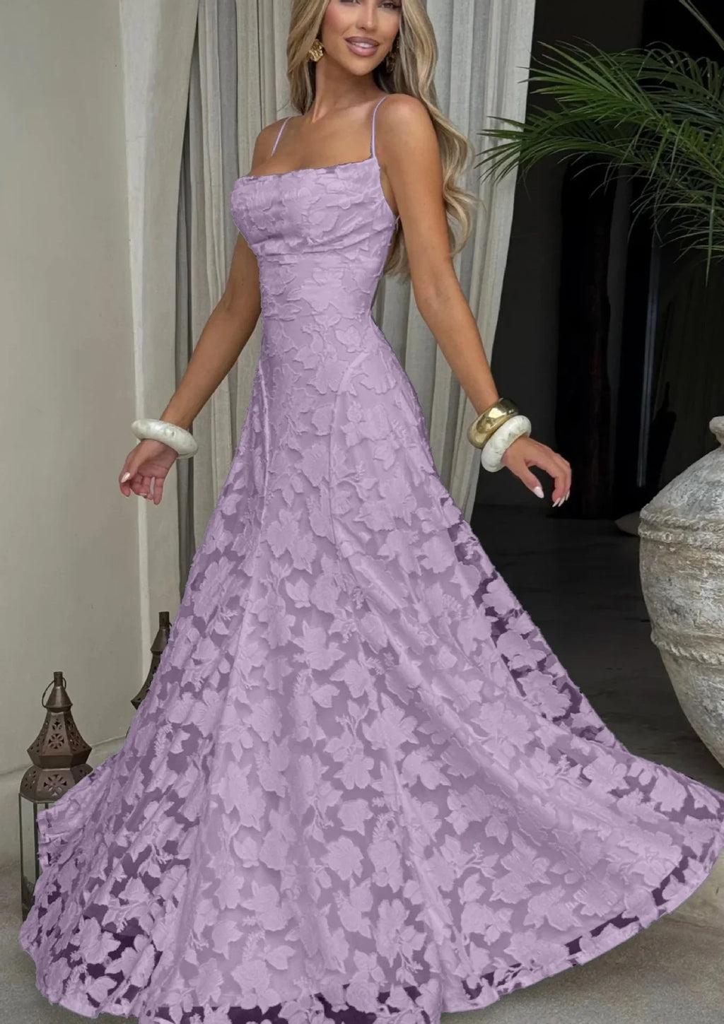Lavender maxi evening dress with spaghetti straps, fitted bodice, lace A-line skirt