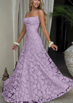 Lavender maxi evening dress with spaghetti straps, fitted bodice, lace A-line skirt