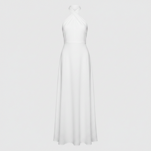 White linen halter maxi dress with twisted neck and sleeveless drape