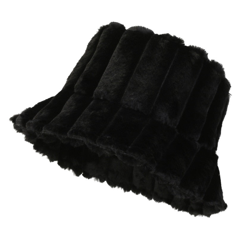 Black faux-fur bucket hat with vertical panel stitching and wide frilled brim