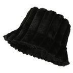 Black faux-fur bucket hat with vertical panel stitching and wide frilled brim