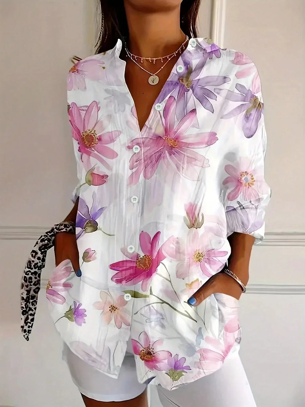 Women’s floral button-up shirt, loose fit, long sleeves, white with pink and purple blooms