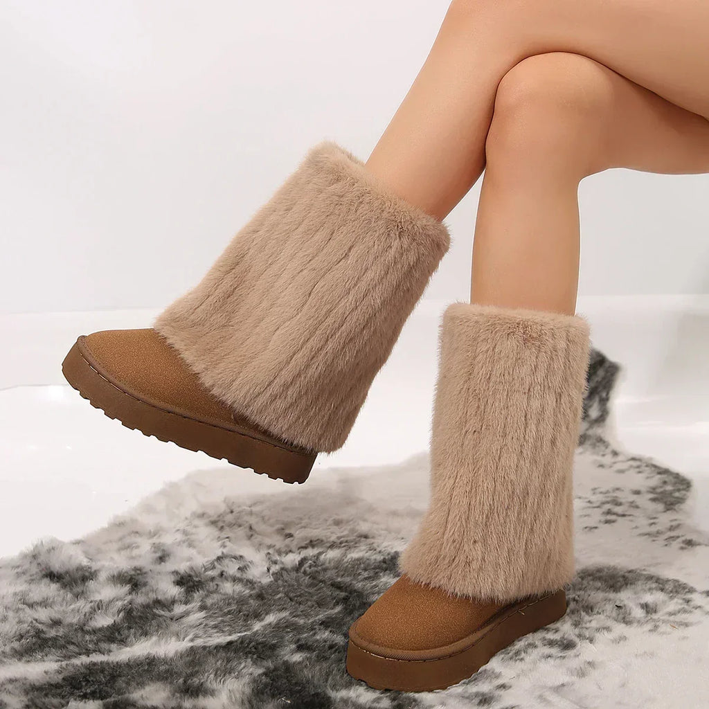 Women’s tall platform boots with fuzzy cuff and tan-brown suede-look body