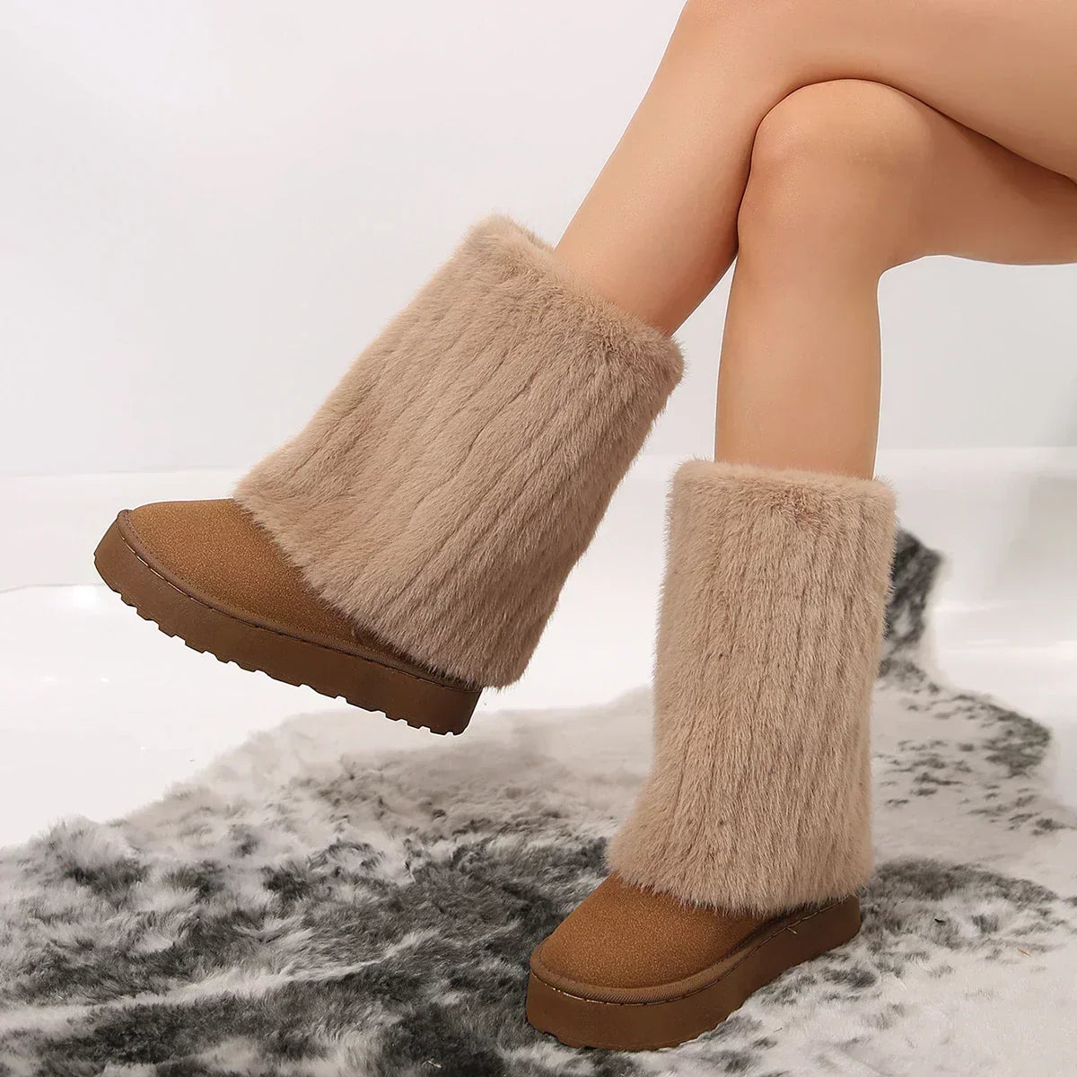 Women’s tall platform boots with fuzzy cuff and tan-brown suede-look body