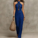 Dark blue halter linen maxi dress, sleeveless fitted bodice with draped long skirt