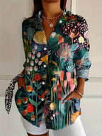 Women’s floral button-up shirt, loose fit, long sleeves, dark green with colorful flowers