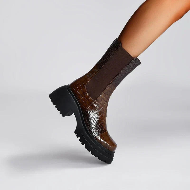 Dôre women's platform boot with elastic side panels, brown crocodile-texture finish