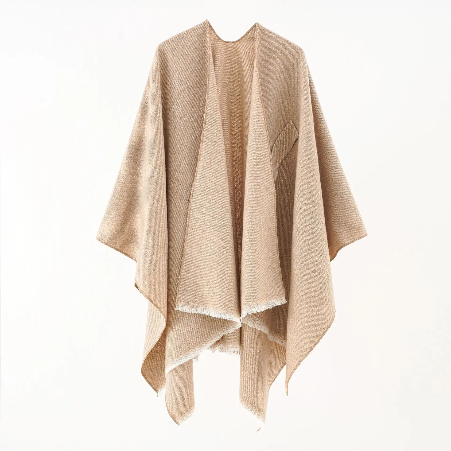 Beige cashmere poncho with V-neck, draped sleeves, fringe hem
