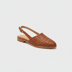 Woven pointed-toe flat sandals in tan brown with ankle strap and low heel