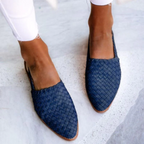 Woven pointed-toe flat sandals in deep blue, low heel and slip-on back