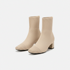 Beige knit ankle boots with stretch sock fit, block heel, pointed toe