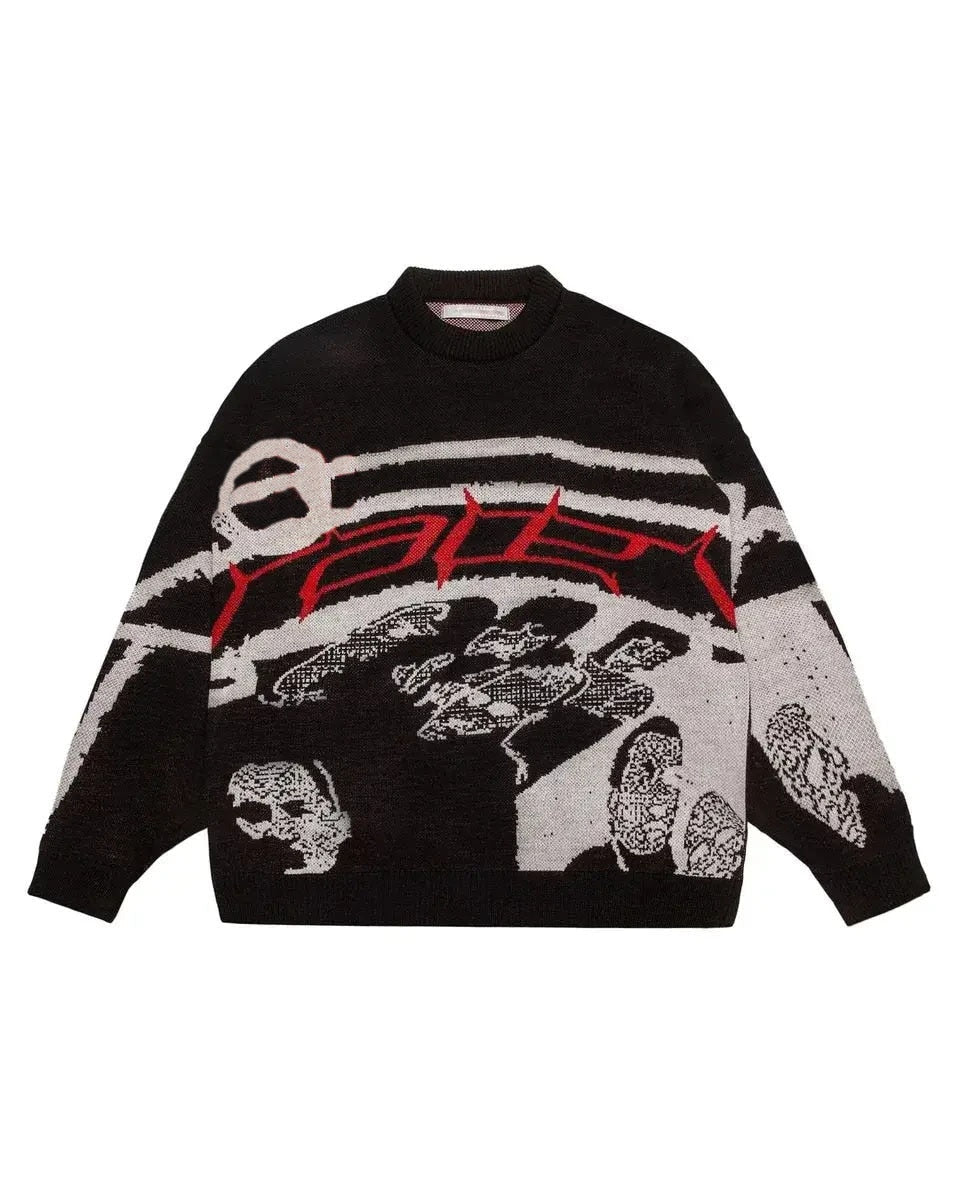 Black sweater with large front graphic in white and red and long sleeves