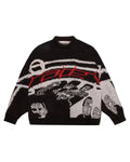Black sweater with large front graphic in white and red and long sleeves