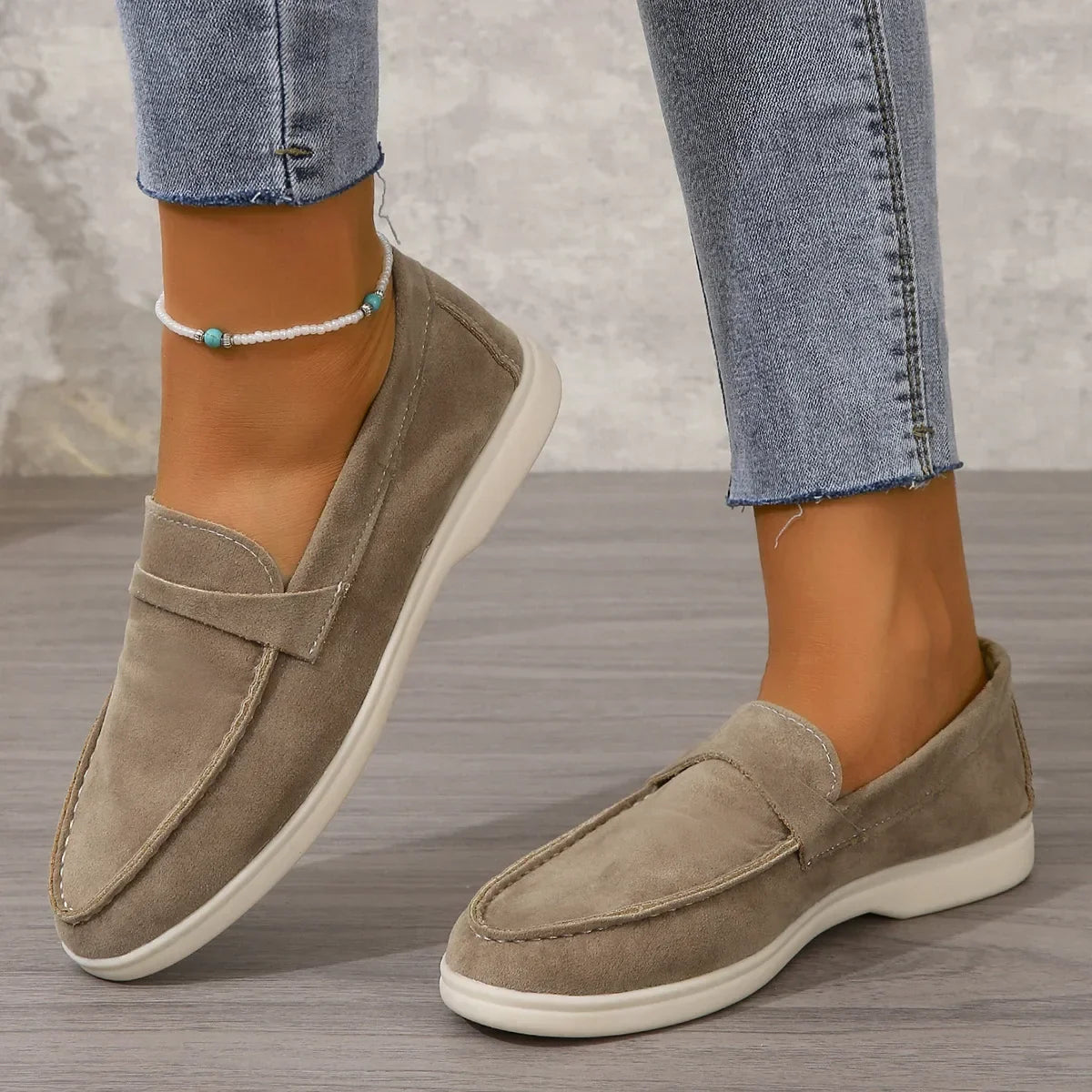 Women's suede loafers, beige slip-on shoes with cushioned insole