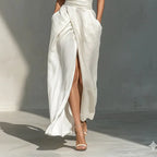 Asterin halter maxi dress, white halter style with ruched waist and high front slit maxi skirt