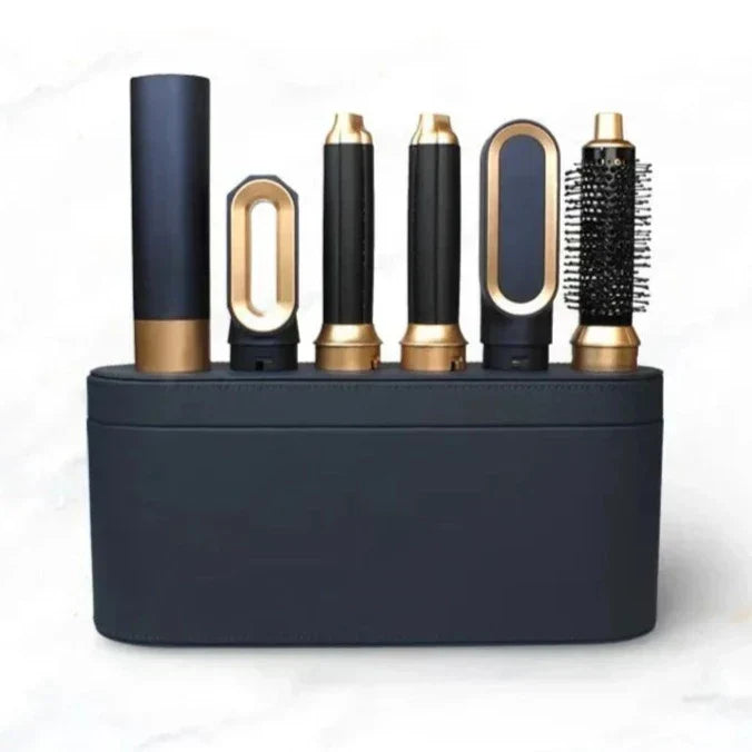 5-in-1 multi hair styler set with five black and gold attachments in storage base