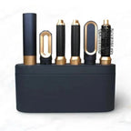 5-in-1 multi hair styler set with five black and gold attachments in storage base
