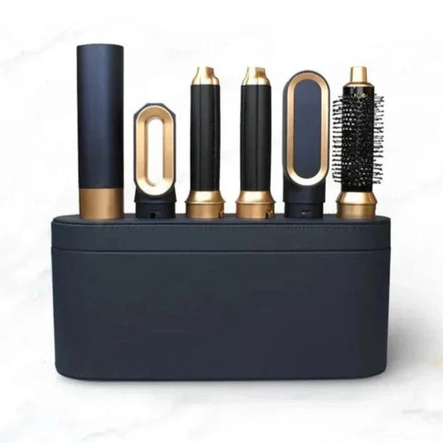 5-in-1 multi hair styler set with five black and gold attachments in storage base
