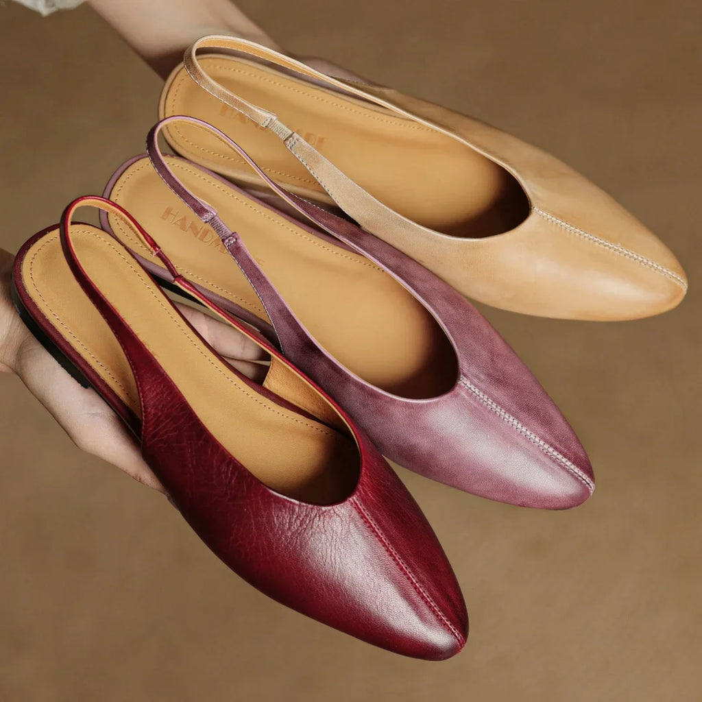Leather slingback flats in three colors: tan, mauve, and wine red, three pairs shown