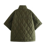 Olive quilted hooded bodywarmer with circular-patch pattern, front view