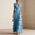 Ruffle-trim maxi dress, sky blue V-neck wrap, flutter cap sleeves, cascading layered ruffles