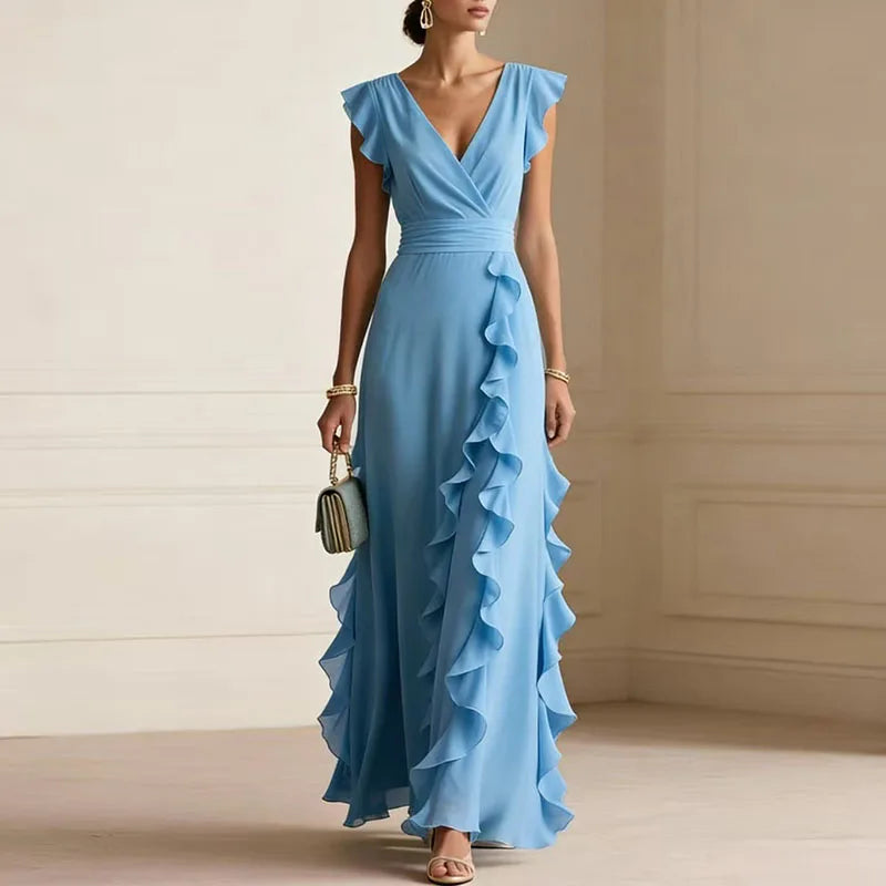 Ruffle-trim maxi dress, sky blue V-neck wrap, flutter cap sleeves, cascading layered ruffles