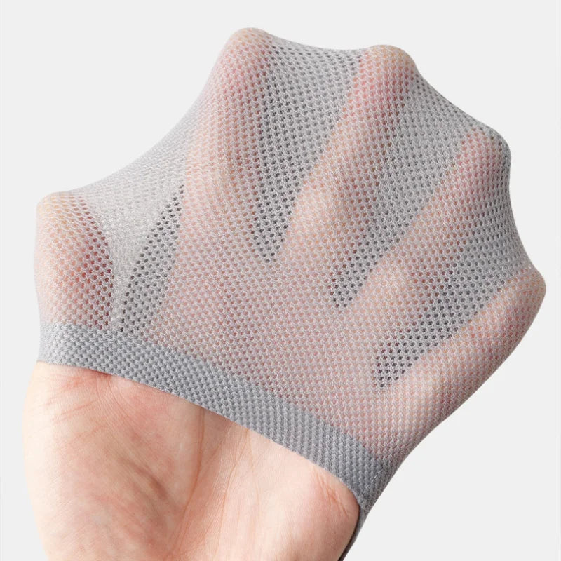 Light gray no-show sock with pink and blue pattern, stretched fabric