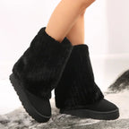 Women’s tall-shaft platform boots with plush faux-fur upper, black, slip-on.